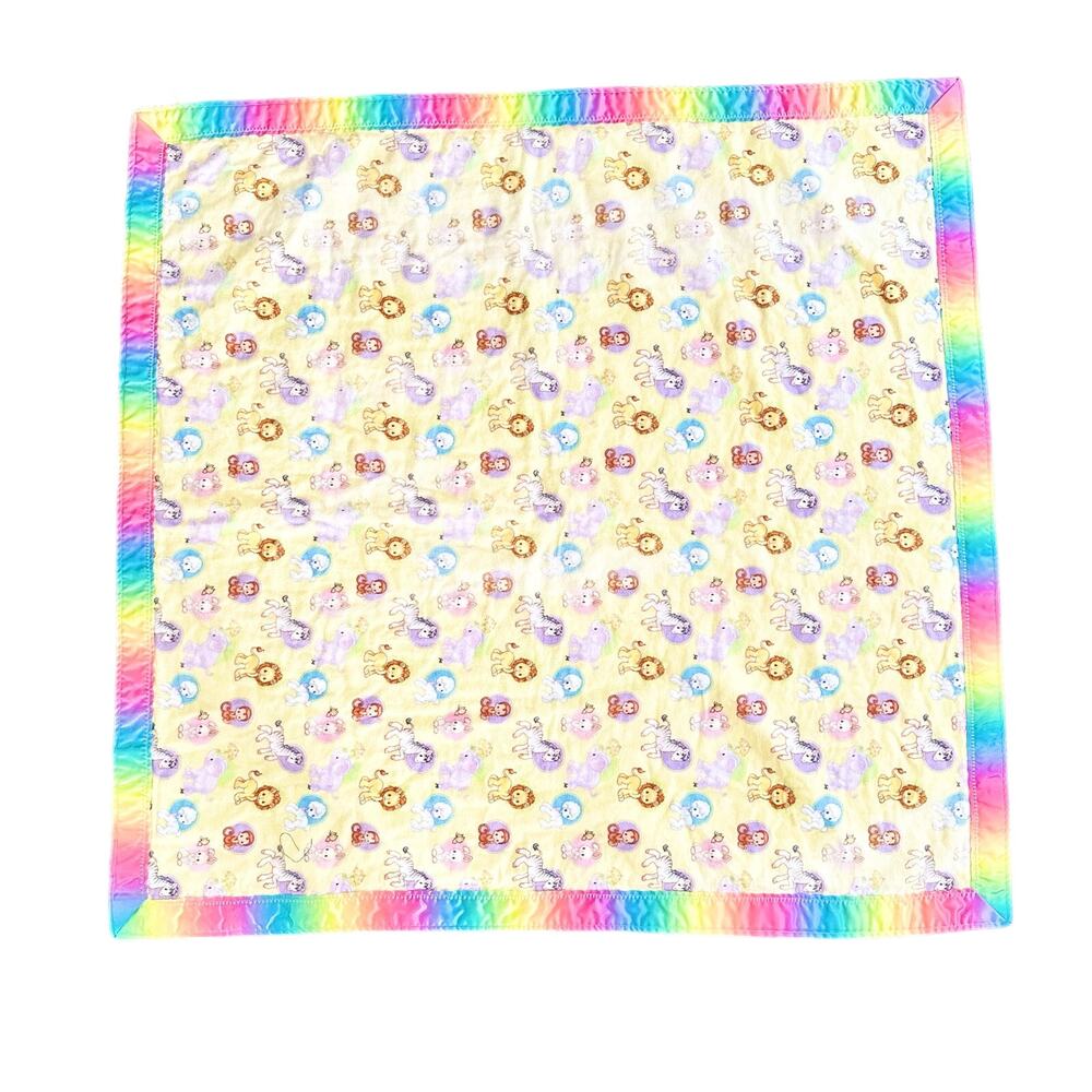 Vintage Handmade Precious Moments Animal Fleece Tie Dye Satin Trim Baby Blanket